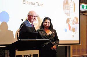 Prof Frank Martin awards student Eleena Tran the Frank Martin Orthoptics Scholarship 